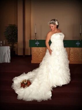 Strapless Ivory Ruffled Bridal Gown with Train, Oleg Cassini CH515